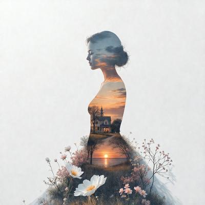 Primary subject: A woman
Setting/background: A field with flowers and a house in the background
Visual style: Digital art
Colors and mood: The image is in black and white, giving it a classic and timeless feel.